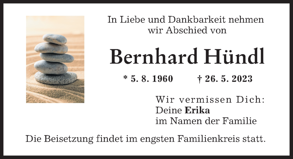  Traueranzeige für Bernhard Hündl vom 03.06.2023 aus Friedberger Allgemeine