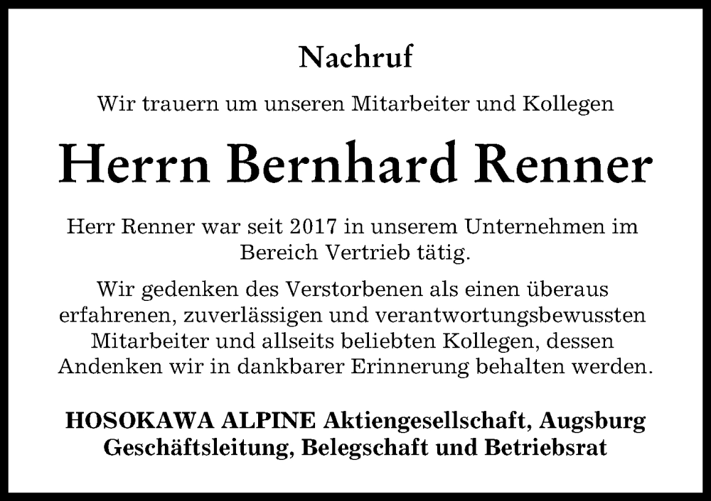 Traueranzeige von Bernhard Renner von Augsburger Allgemeine