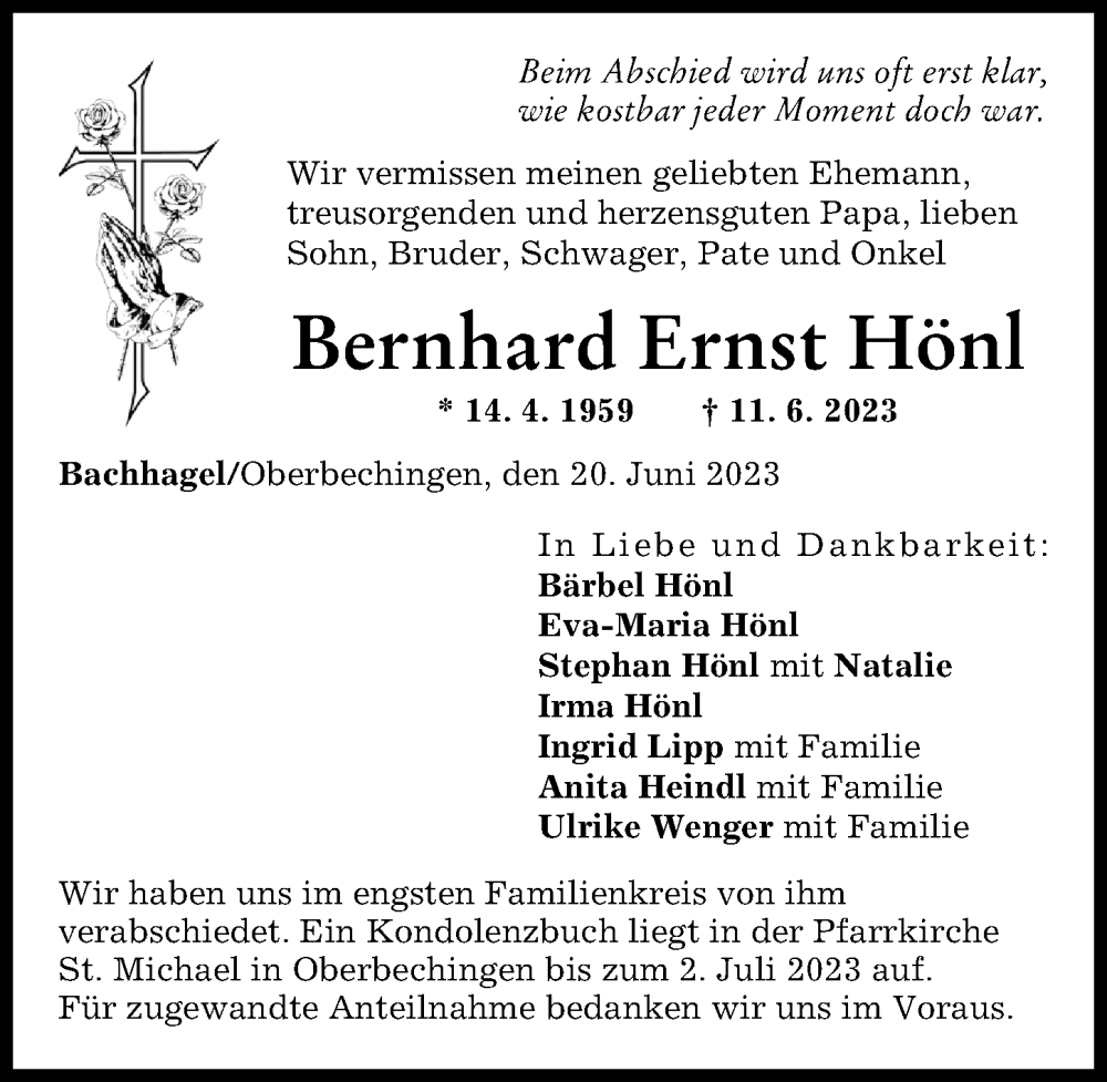  Traueranzeige für Bernhard Ernst Hönl vom 21.06.2023 aus Donau Zeitung
