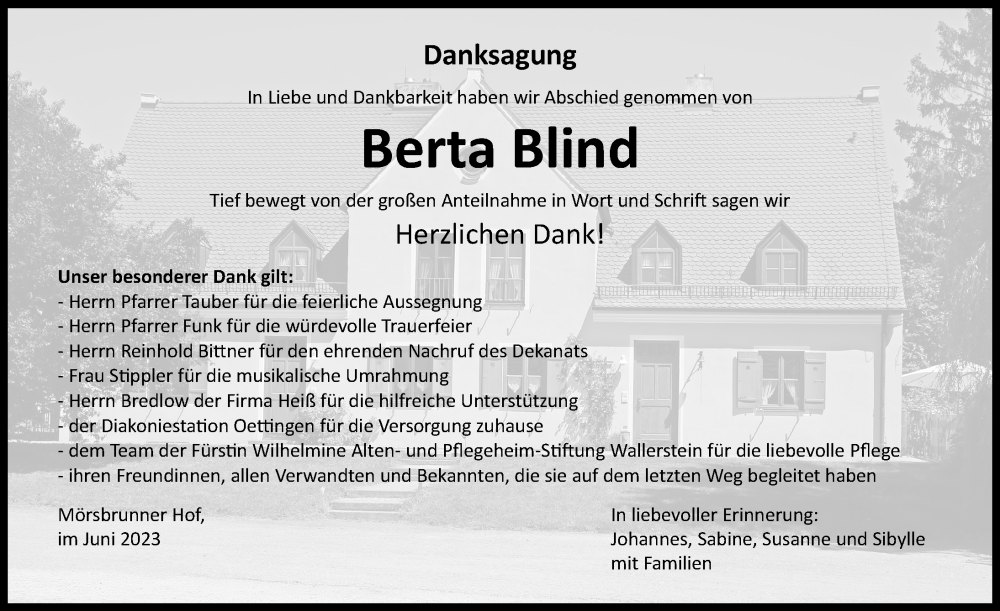  Traueranzeige für Berta Blind vom 24.06.2023 aus Rieser Nachrichten