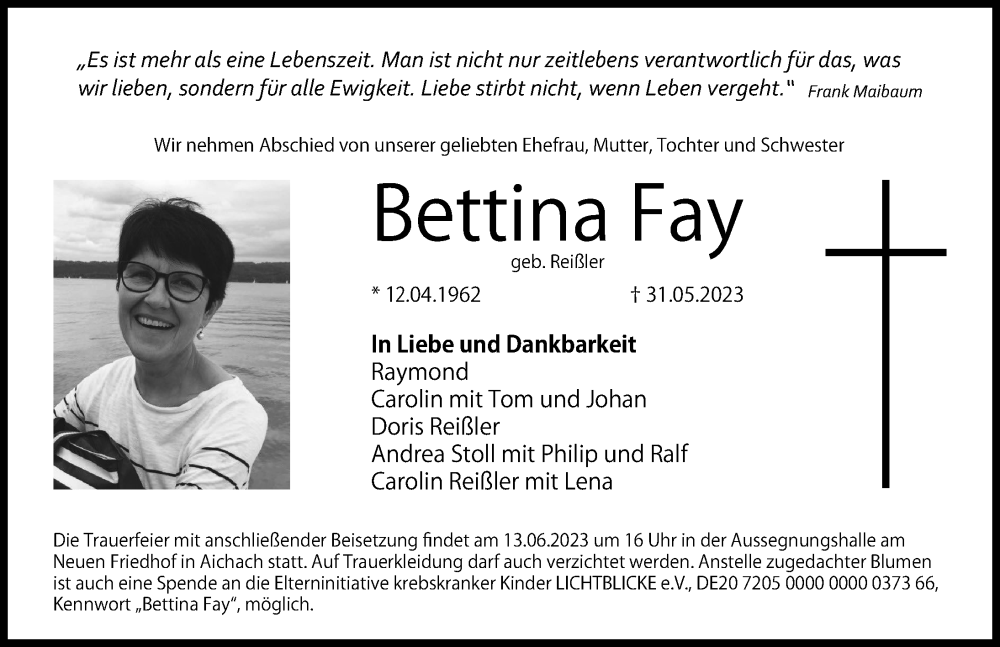  Traueranzeige für Bettina Fay vom 07.06.2023 aus Aichacher Nachrichten, Augsburger Allgemeine