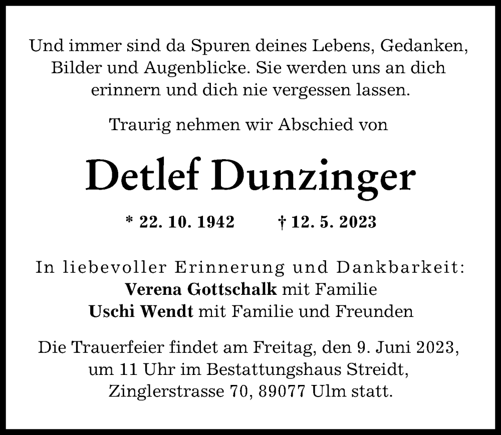  Traueranzeige für Detlef Dunzinger vom 03.06.2023 aus Neu-Ulmer Zeitung