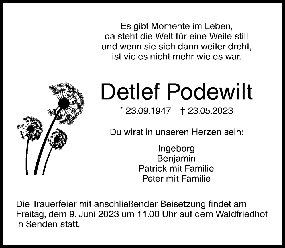  Traueranzeige für Detlef Podewilt vom 03.06.2023 aus Augsburger Allgemeine, Neu-Ulmer Zeitung