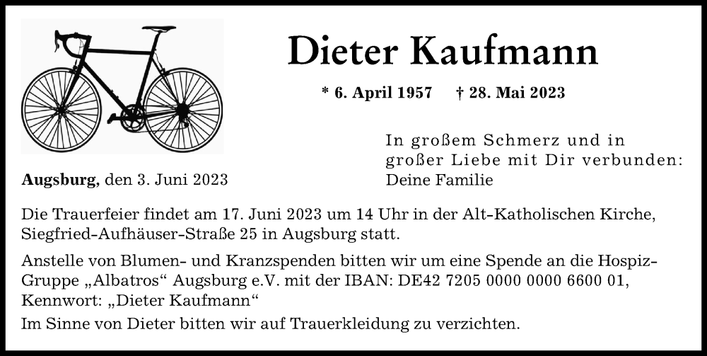  Traueranzeige für Dieter Kaufmann vom 03.06.2023 aus Augsburger Allgemeine