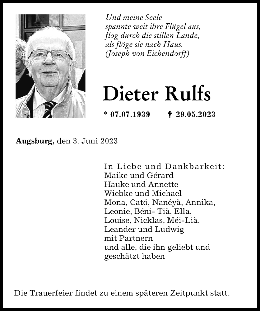  Traueranzeige für Dieter Rulfs vom 03.06.2023 aus Augsburger Allgemeine
