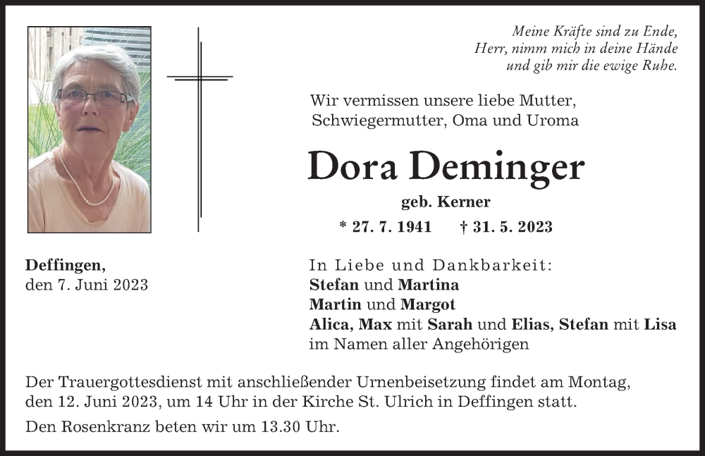 Traueranzeige von Dora Deminger von Günzburger Zeitung