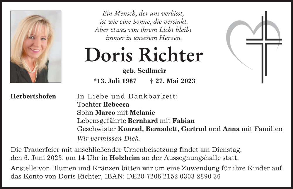 Traueranzeige für Doris Richter vom 03.06.2023 aus Augsburg-Land, Donauwörther Zeitung