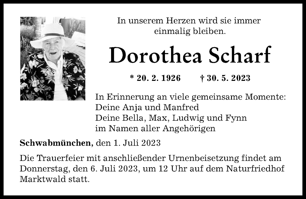 Traueranzeige von Dorothea Scharf von Augsburger Allgemeine