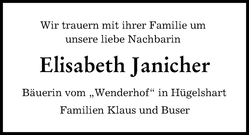  Traueranzeige für Elisabeth Janicher vom 10.06.2023 aus Friedberger Allgemeine