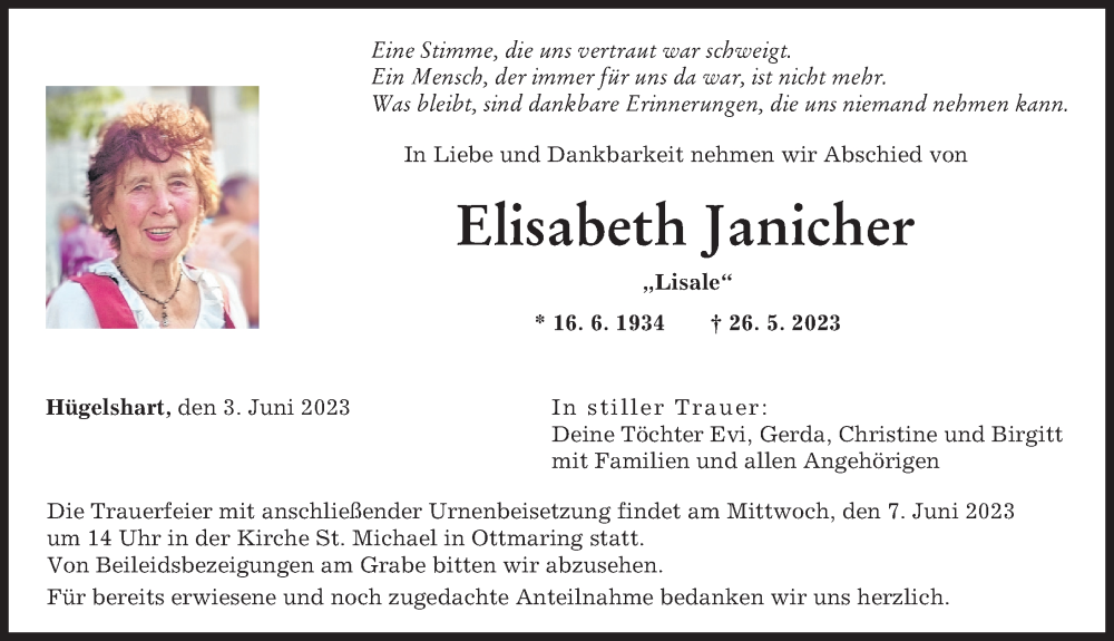  Traueranzeige für Elisabeth Janicher vom 03.06.2023 aus Friedberger Allgemeine