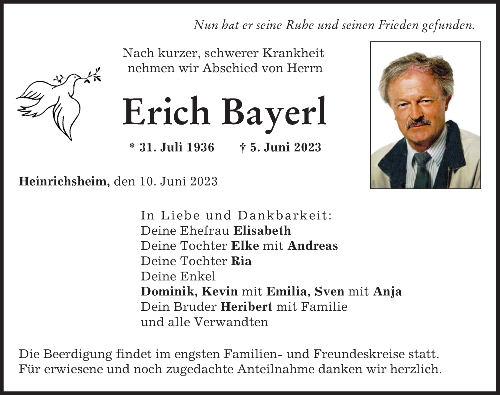 Traueranzeige von Erich Bayer von Neuburger Rundschau