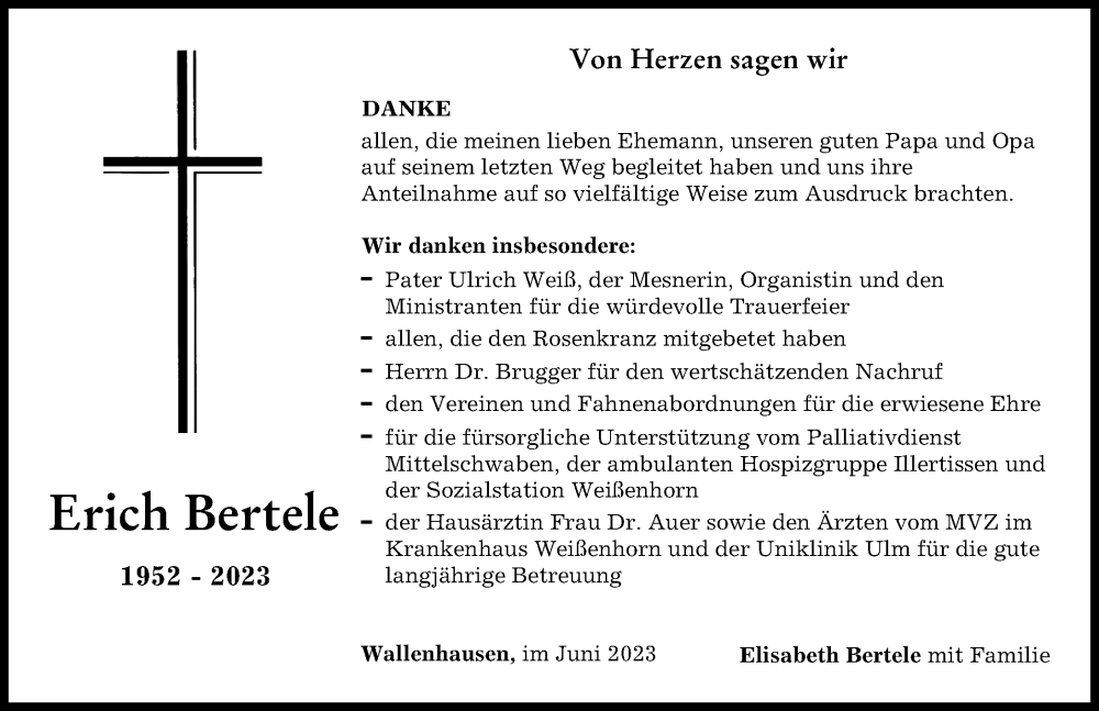  Traueranzeige für Erich Bertele vom 17.06.2023 aus Neu-Ulmer Zeitung