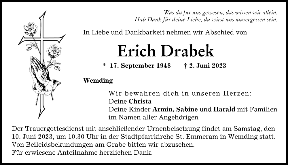 Traueranzeige von Erich Drabek von Donauwörther Zeitung