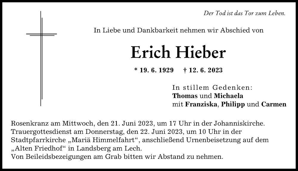 Traueranzeige von Erich Hieber von Landsberger Tagblatt