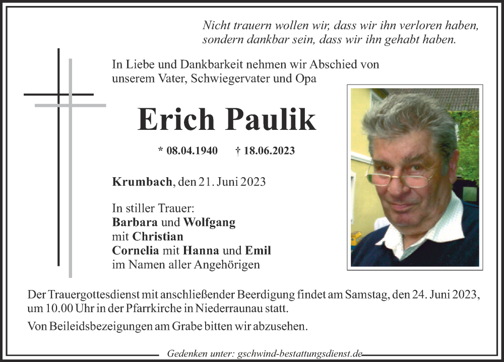  Traueranzeige für Erich Paulik vom 21.06.2023 aus Mittelschwäbische Nachrichten