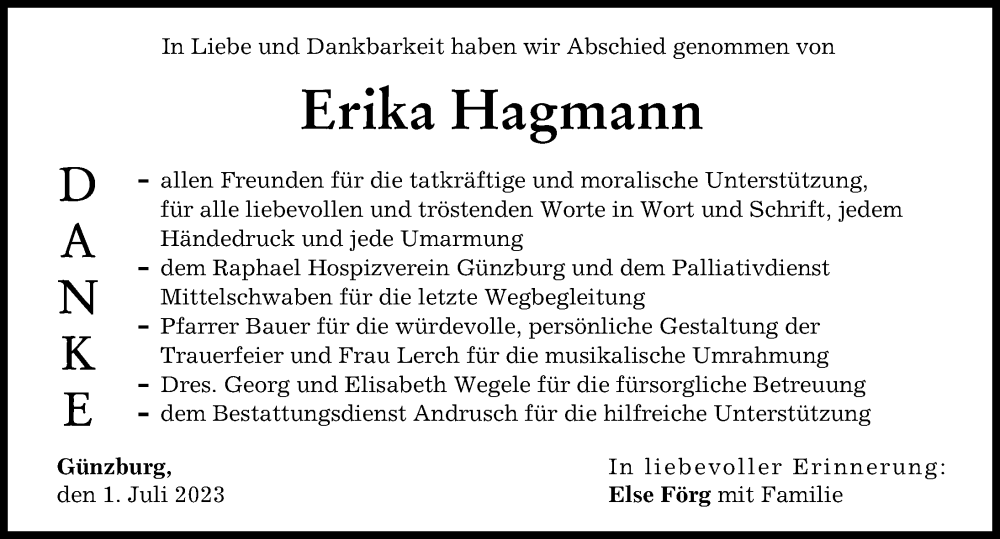 Traueranzeige von Erika Hagmann von Günzburger Zeitung
