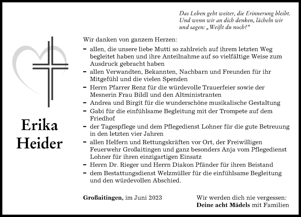  Traueranzeige für Erika Heider vom 10.06.2023 aus Schwabmünchner Allgemeine