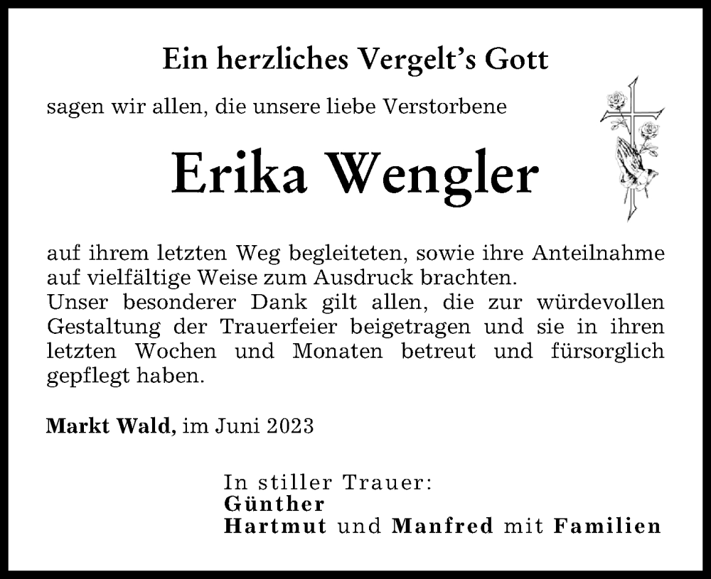  Traueranzeige für Erika Wengler vom 16.06.2023 aus Mindelheimer Zeitung