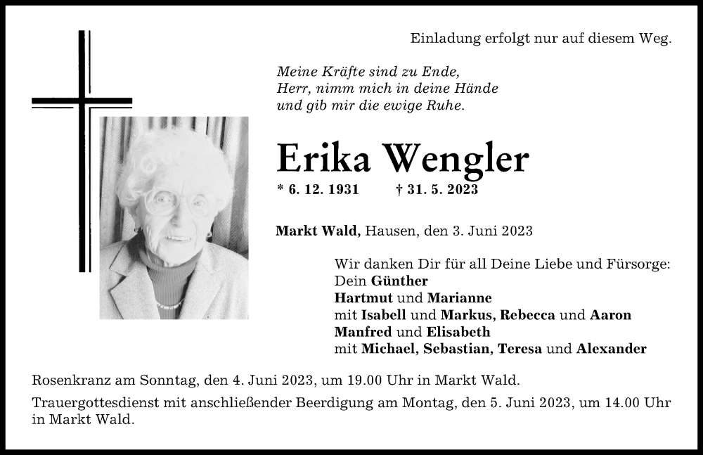  Traueranzeige für Erika Wengler vom 03.06.2023 aus Mindelheimer Zeitung