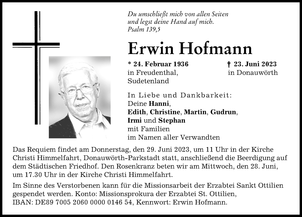 Traueranzeige von Erwin Hofmann von Donauwörther Zeitung