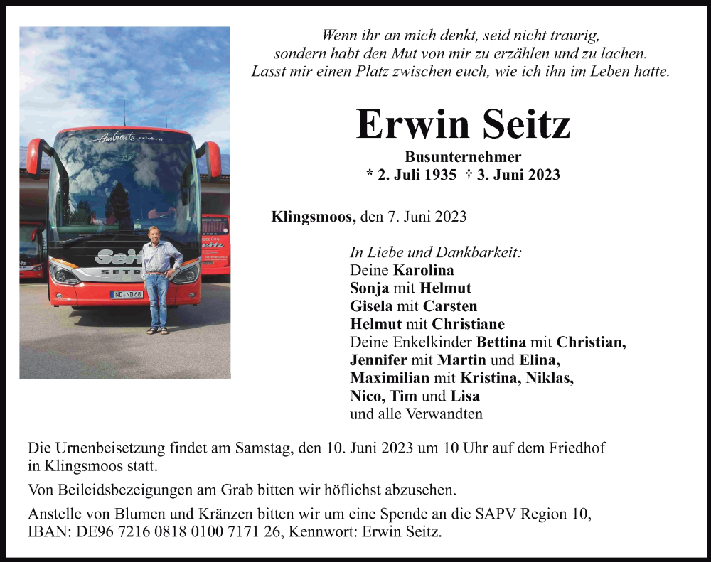  Traueranzeige für Erwin Seitz vom 07.06.2023 aus Neuburger Rundschau