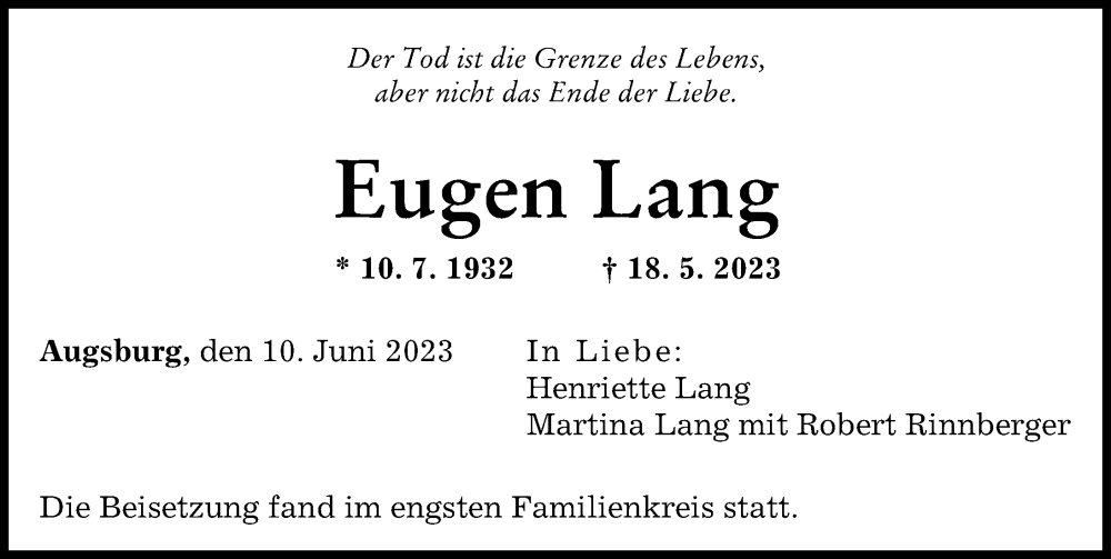 Traueranzeigen Von Eugen Lang Augsburger Allgemeine Zeitung