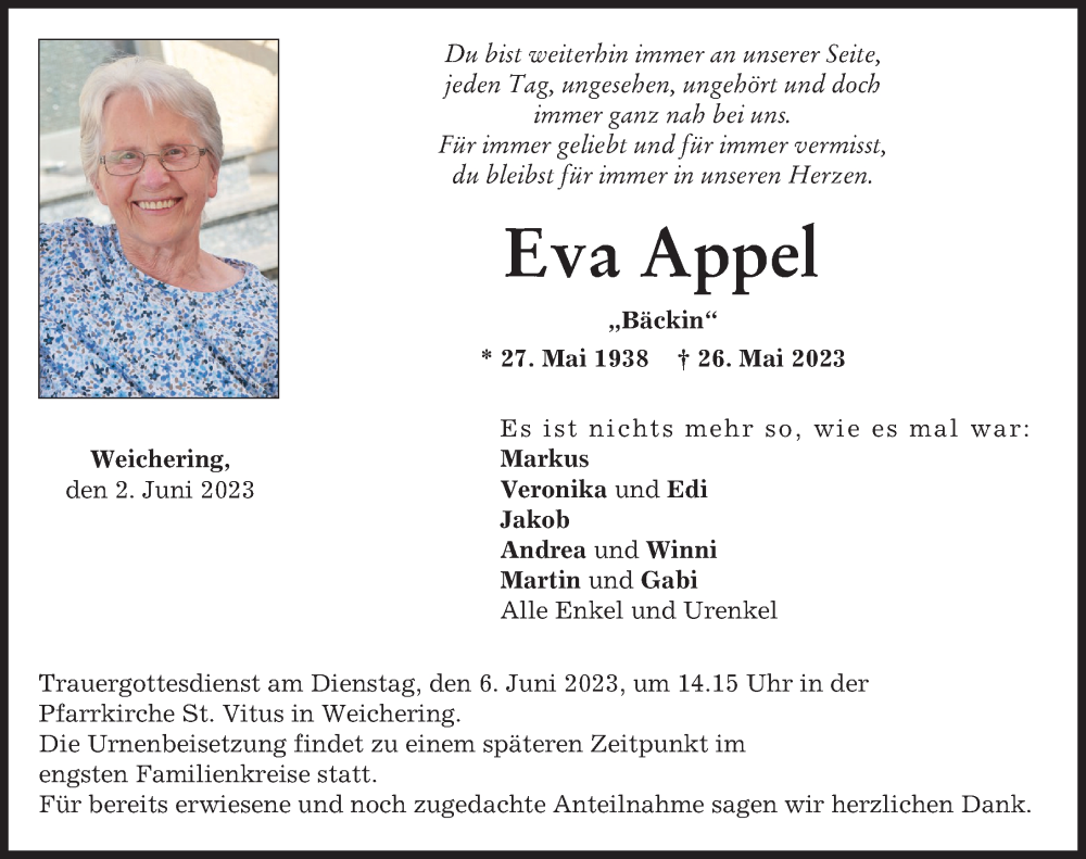  Traueranzeige für Eva Appel vom 02.06.2023 aus Neuburger Rundschau