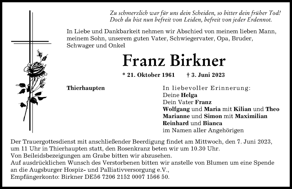 Traueranzeige von Franz Birkner von Augsburg-Land
