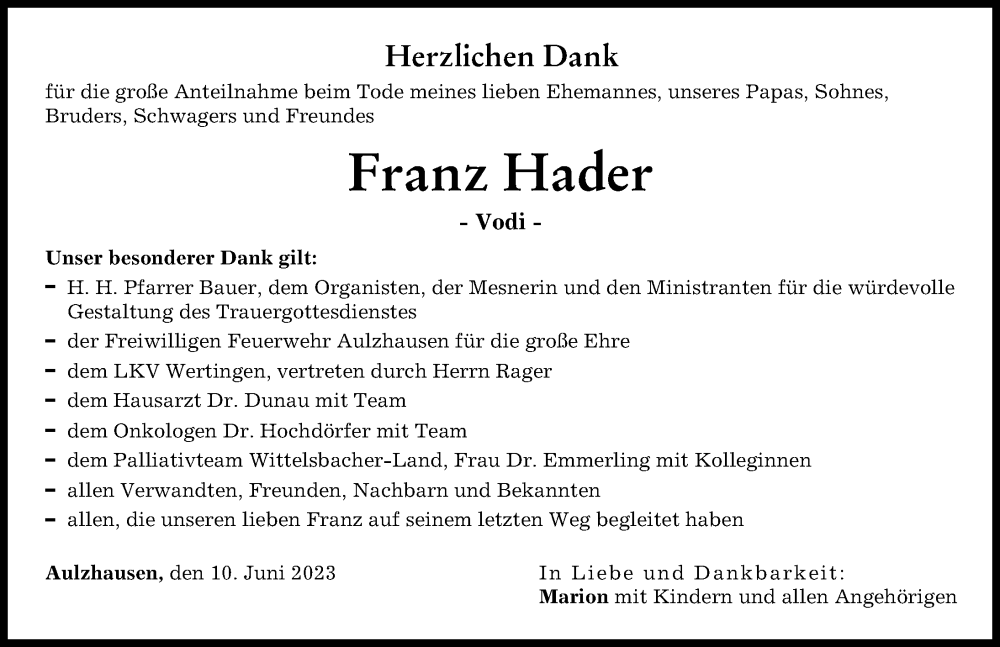  Traueranzeige für Franz Hader vom 10.06.2023 aus Aichacher Nachrichten