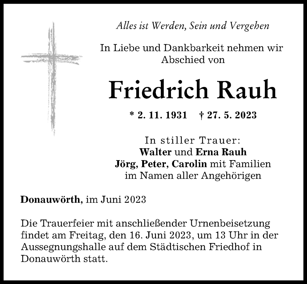 Traueranzeige von Friedrich Rauh von Donauwörther Zeitung