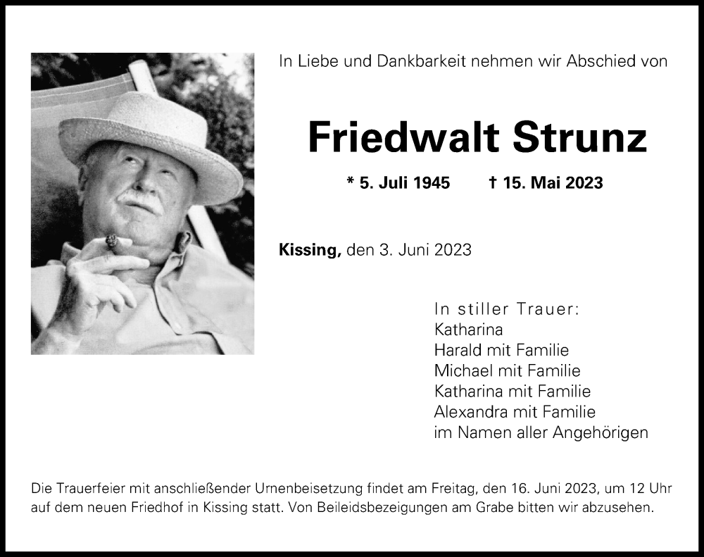 Traueranzeige für Friedwalt Strunz vom 03.06.2023 aus Augsburger Allgemeine