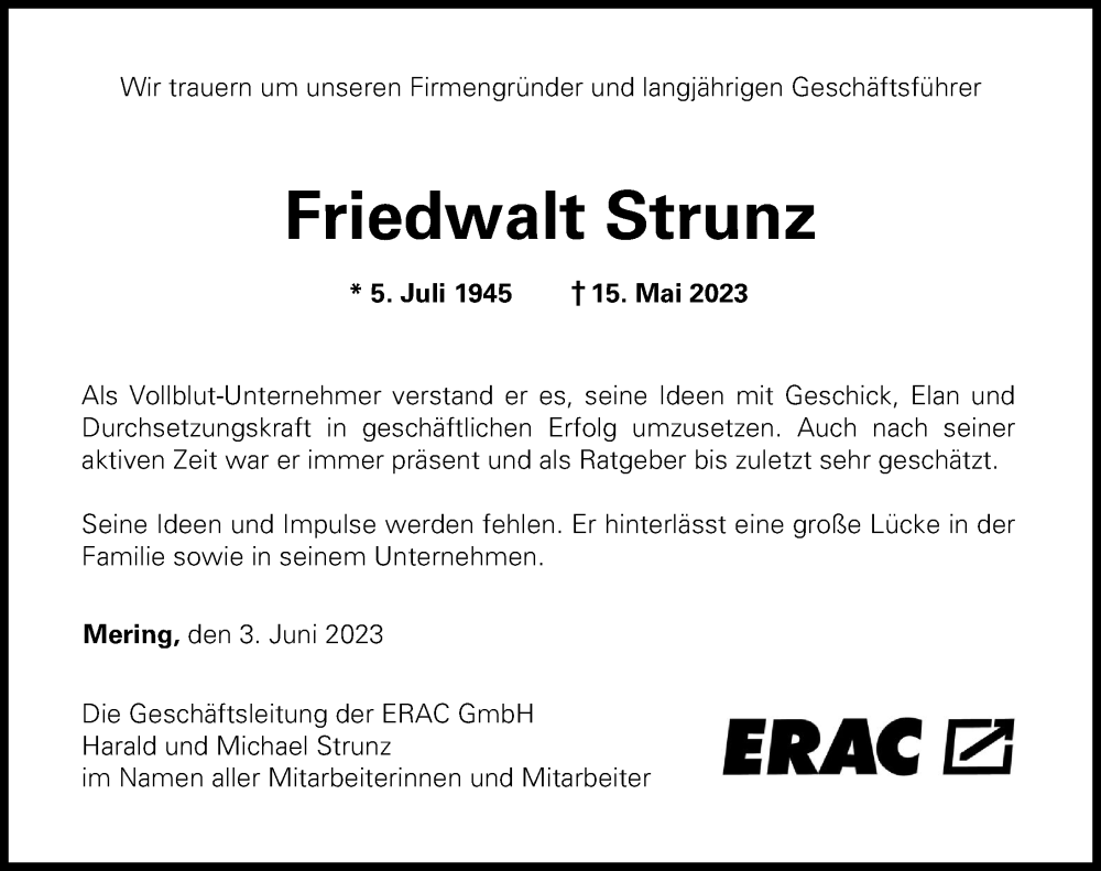 Traueranzeige für Friedwalt Strunz vom 03.06.2023 aus Augsburger Allgemeine