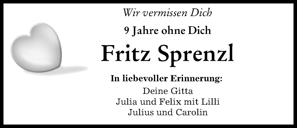 Traueranzeige von Fritz Sprenzl von Augsburger Allgemeine