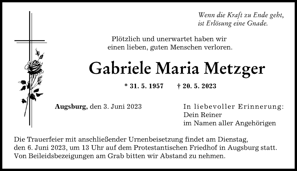  Traueranzeige für Gabriele Maria Metzger vom 03.06.2023 aus Augsburger Allgemeine