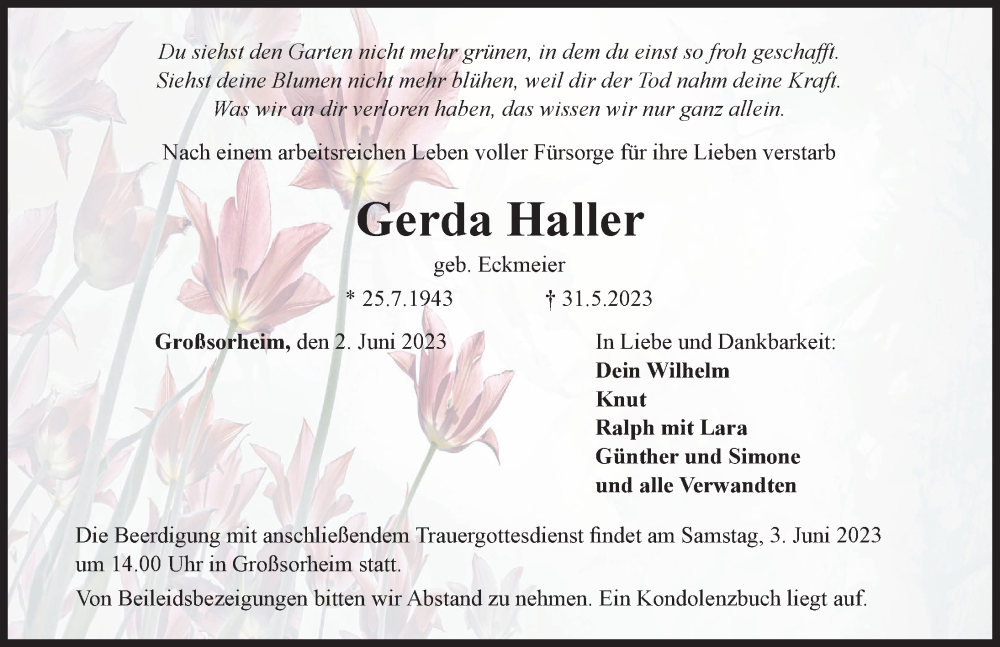 Traueranzeige von Gerda Haller von Rieser Nachrichten