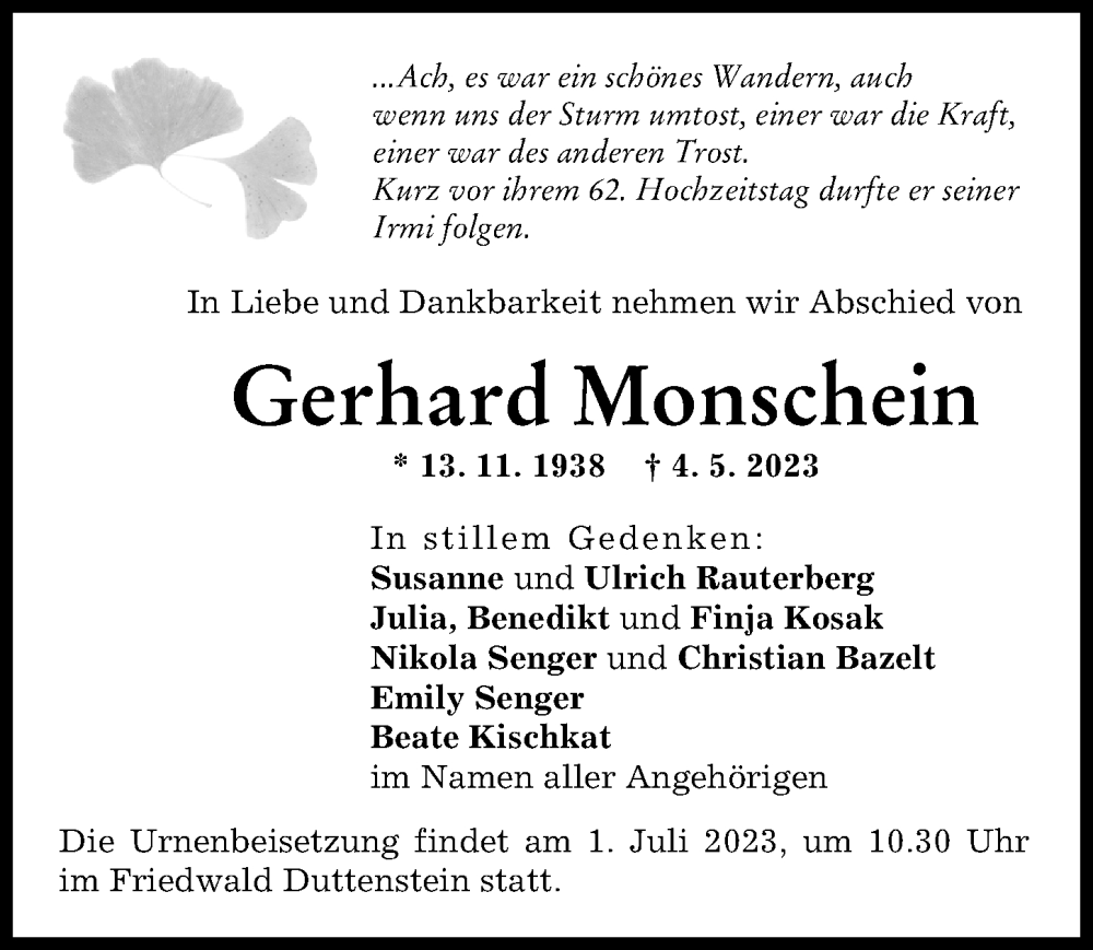  Traueranzeige für Gerhard Monschein vom 07.06.2023 aus Günzburger Zeitung