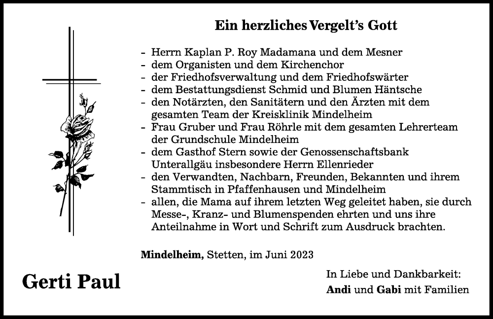  Traueranzeige für Gerti Paul vom 10.06.2023 aus Mindelheimer Zeitung