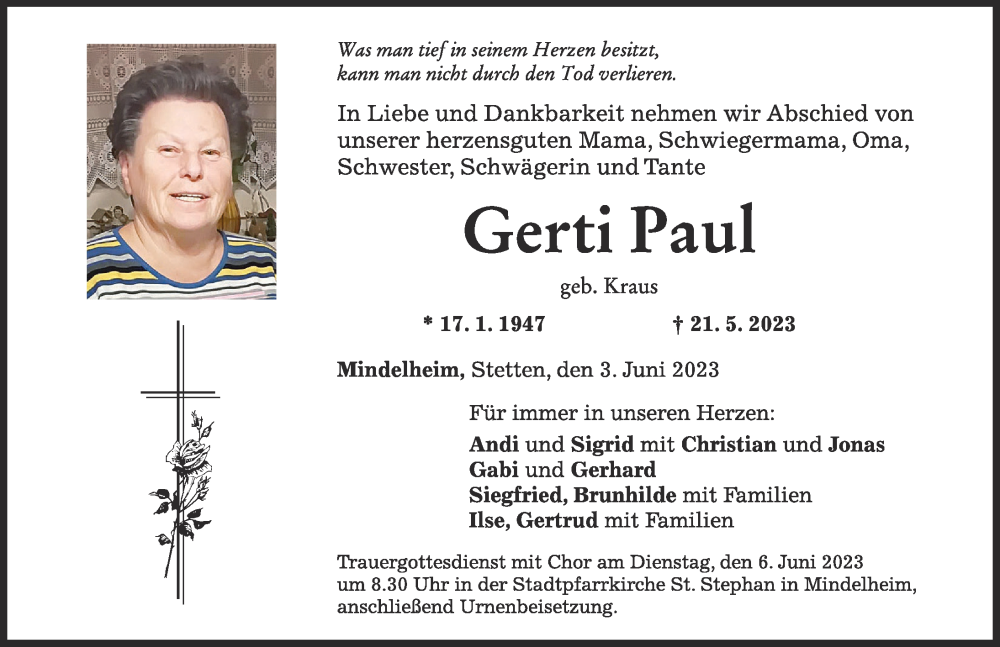  Traueranzeige für Gerti Paul vom 03.06.2023 aus Mindelheimer Zeitung