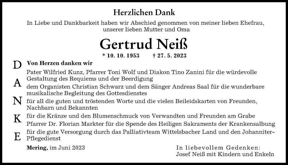 Traueranzeige für Gertrud Neiß vom 10.06.2023 aus Augsburger Allgemeine