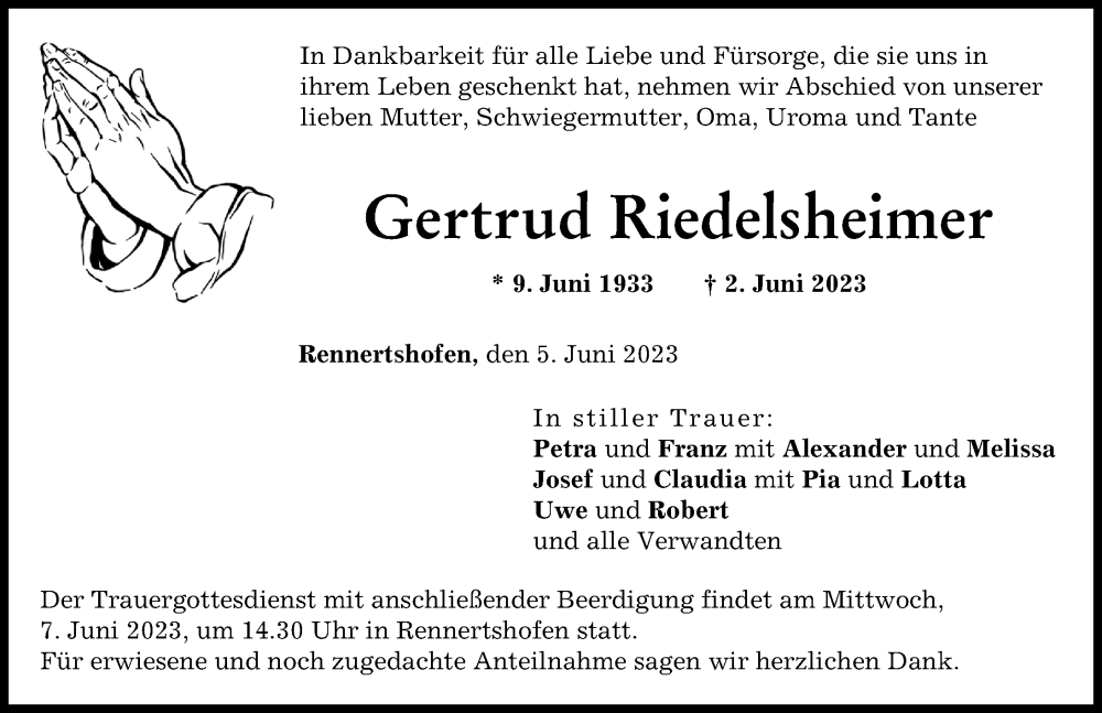  Traueranzeige für Gertrud Riedelsheimer vom 05.06.2023 aus Neuburger Rundschau