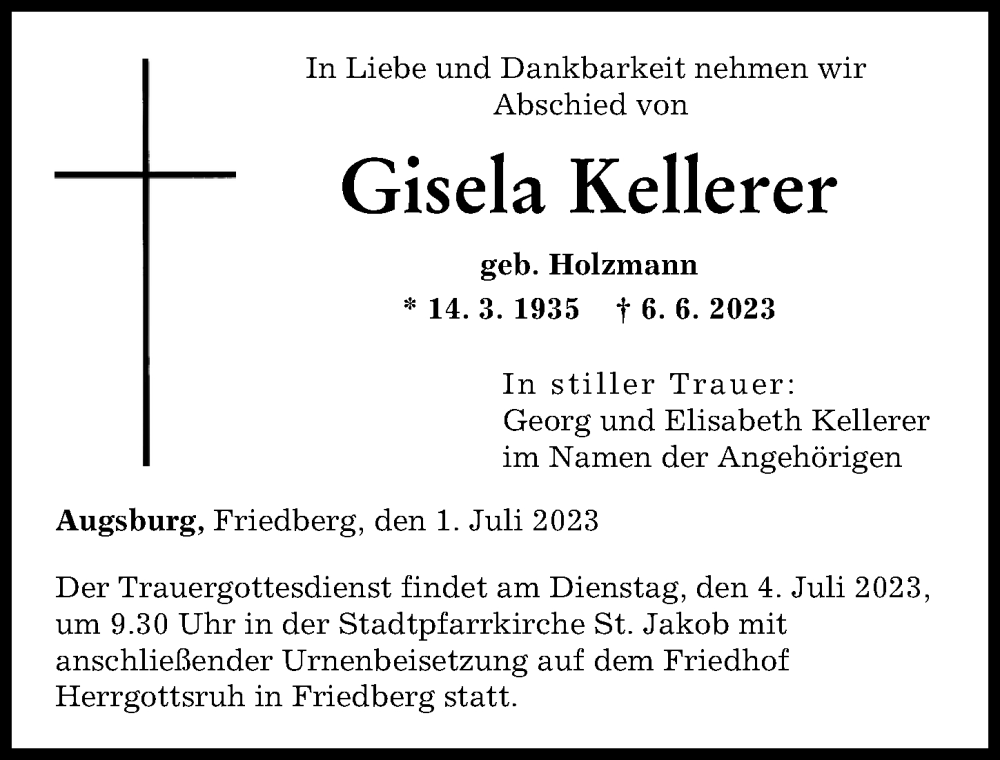 Traueranzeigen Von Gisela Kellerer Augsburger Allgemeine Zeitung