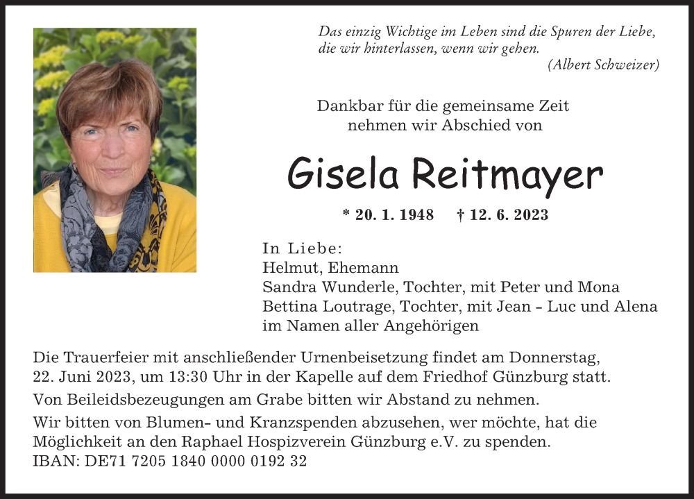 Traueranzeige von Gisela Reitmayer von Günzburger Zeitung