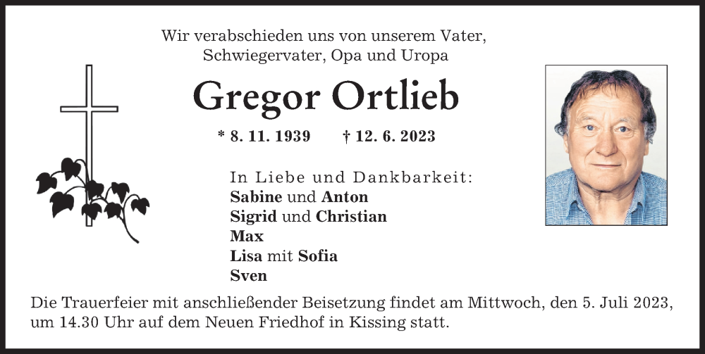 Traueranzeige von Gregor Ortlieb von Friedberger Allgemeine