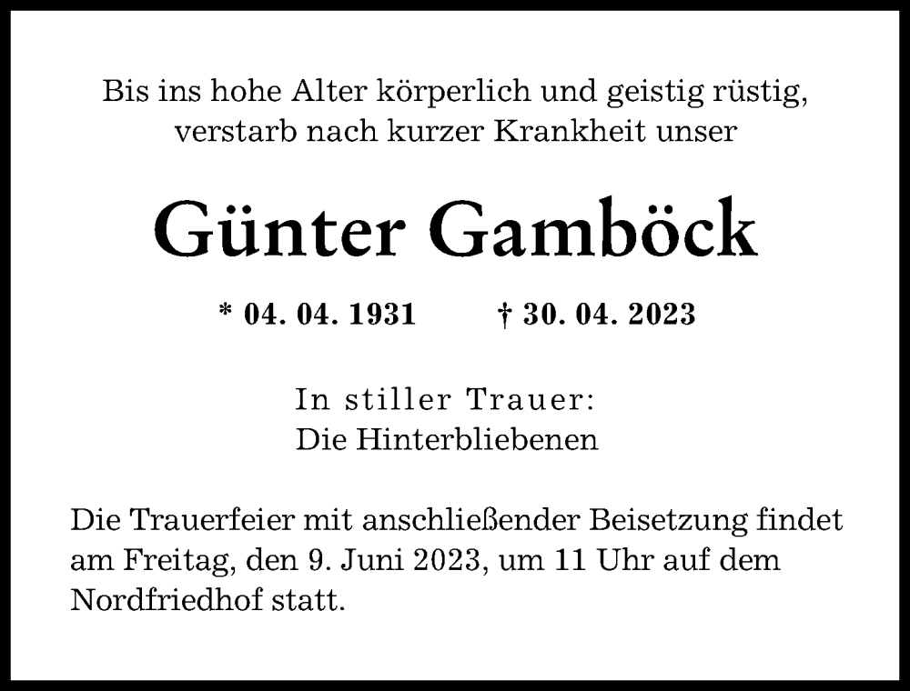  Traueranzeige für Günter Gamböck vom 03.06.2023 aus Augsburger Allgemeine