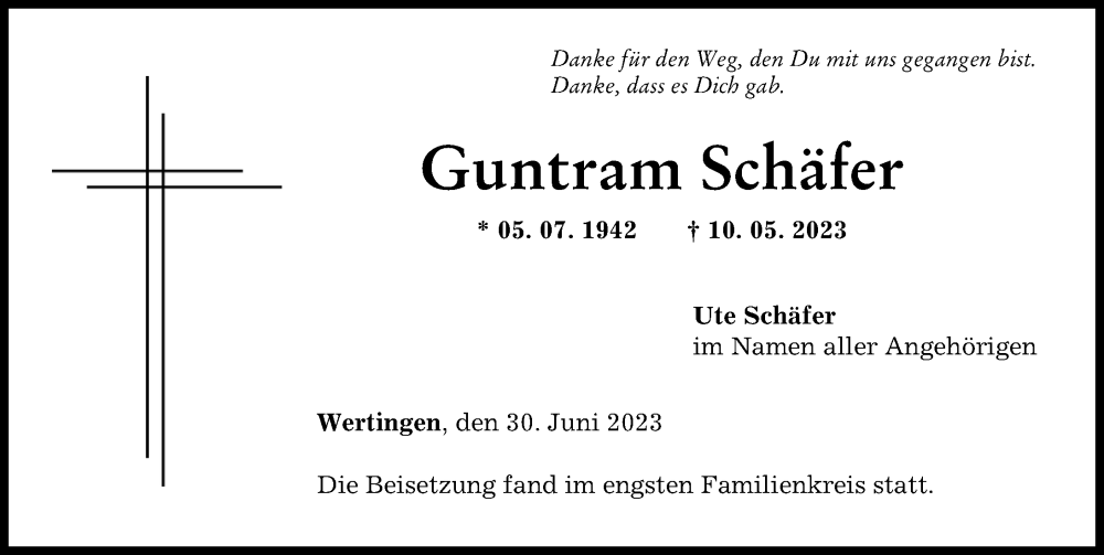 Traueranzeige von Guntram Schäfer von Wertinger Zeitung