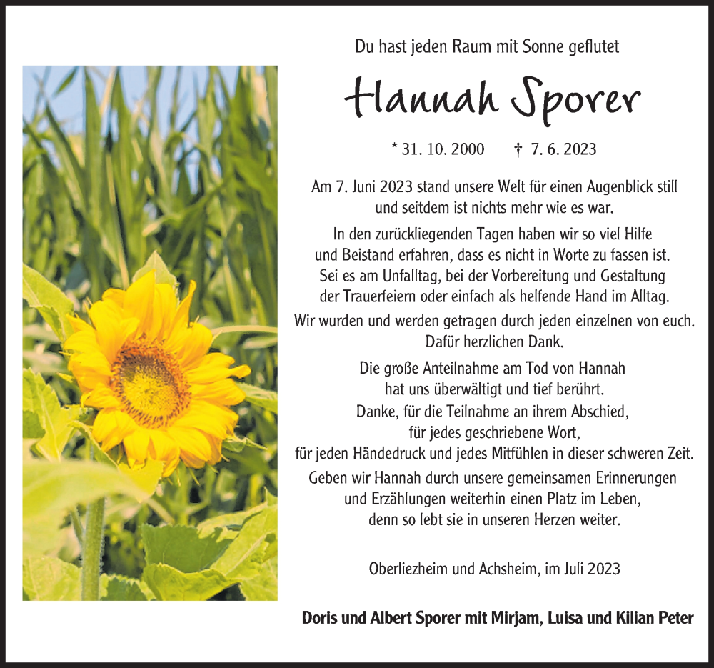  Traueranzeige für Hannah Sporer vom 01.07.2023 aus Donau Zeitung