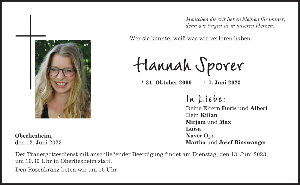  Traueranzeige für Hannah Sporer vom 12.06.2023 aus Augsburg-Land, Donau Zeitung