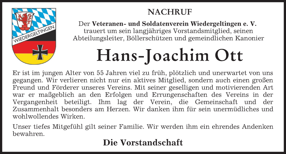  Traueranzeige für Hans-Joachim Ott vom 09.06.2023 aus Mindelheimer Zeitung