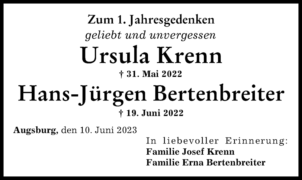 Traueranzeige von Hans-Jürgen Bertenbreiter von Augsburger Allgemeine