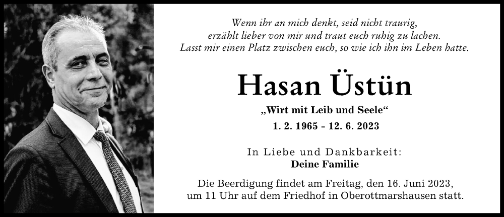  Traueranzeige für Hasan Üstün vom 16.06.2023 aus Schwabmünchner Allgemeine